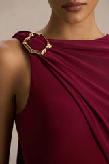 Cressida | Burgundy Asymmetric-Neck Maxi Dress With Cape And Gold Detail