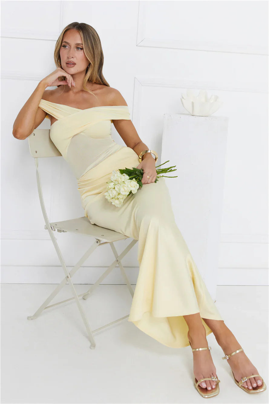Silent Dreams Mesh Satin Off Shoulder Maxi Dress