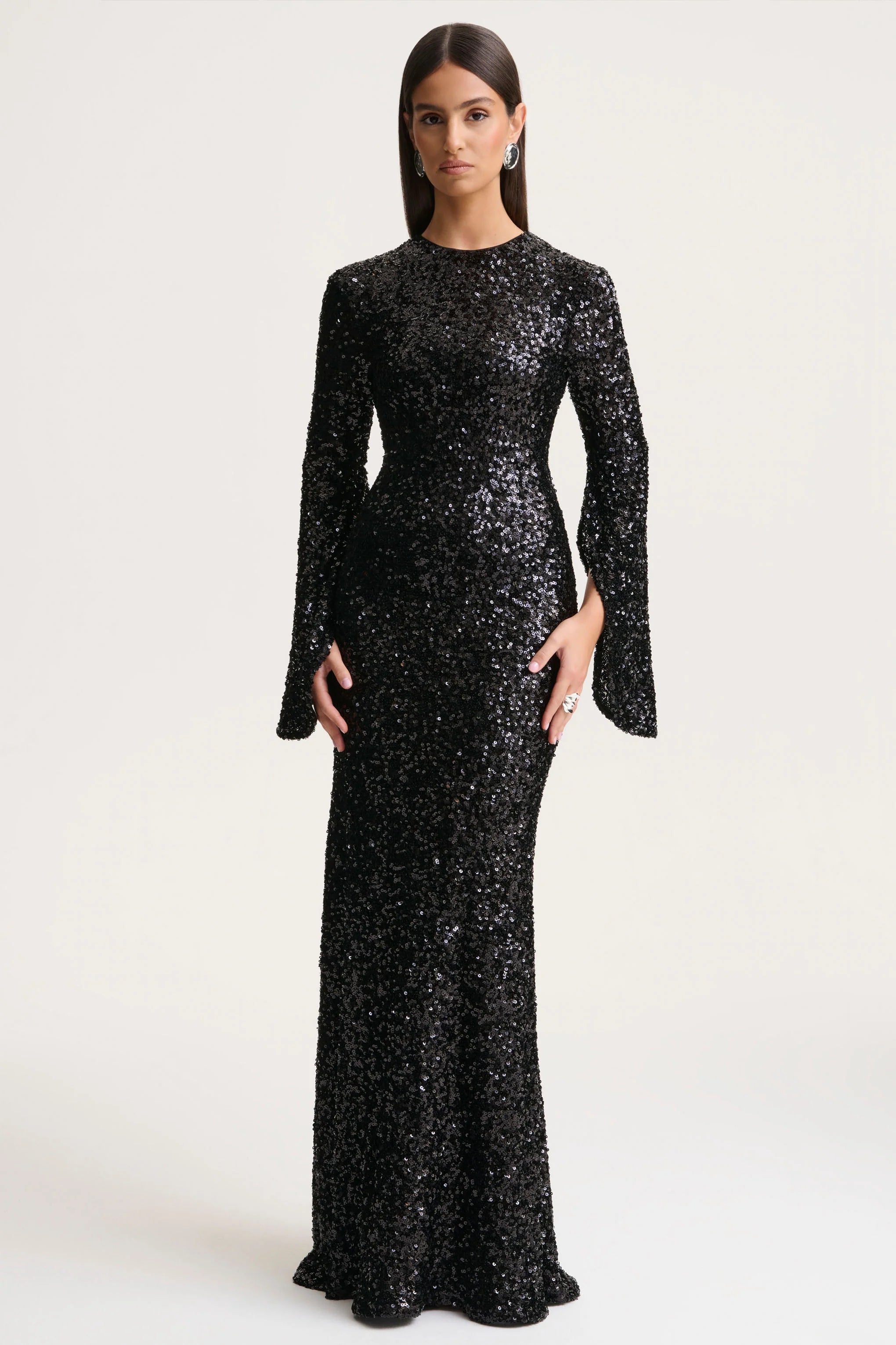 Romea | Black Sequin High-Neck Maxi Dress With Cape Sleeves