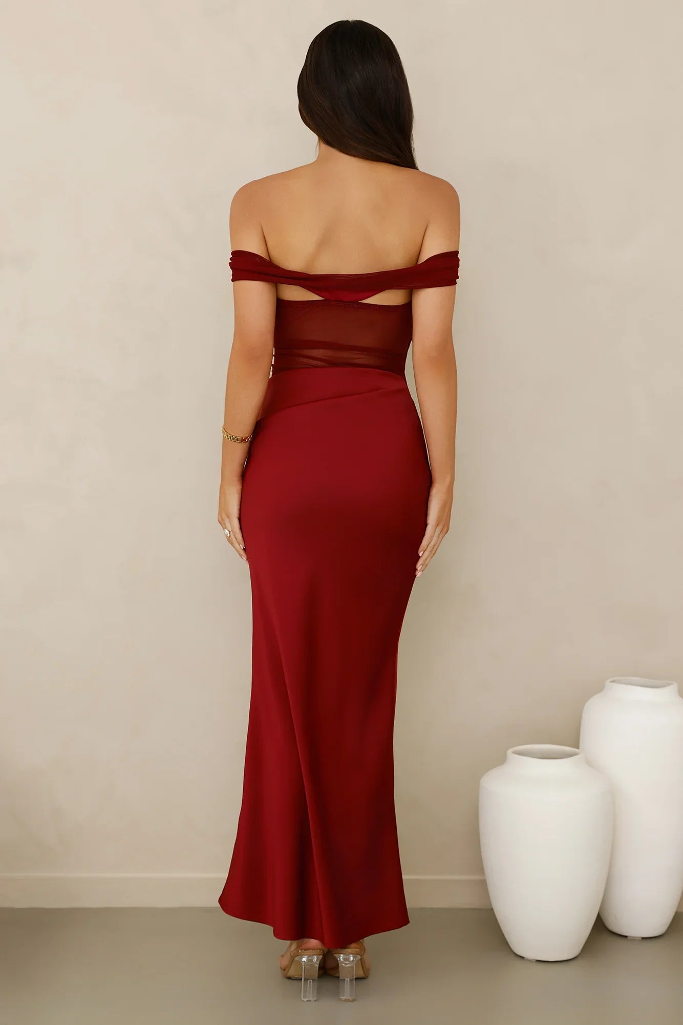 Silent Dreams Mesh Satin Off Shoulder Maxi Dress