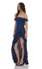 Off Shoulder Ruffle Maxi Dress in Blue