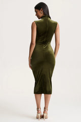 Novine | Olive Velvet High-Neck Midi Dress